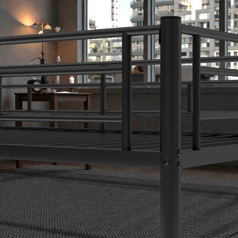 Twin over Twin Metal Bunk Bed with Trundle, Space Saving Bunk Bed with Ladder and Guardrails