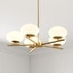 preview thumbnail 1 of 12, Sloane 5 Light LED Gold Satin Brass Mid-Century Modern Chandelier with White Glass Globes - 27-in W x 7-in H x 27-in D Satin Brass - 27-in W x 7-in H x 27-in D