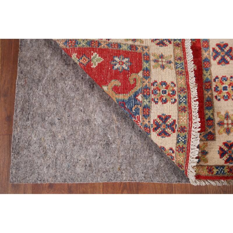 Red Geometric Kazak Foyer Rug Hand-Knotted Wool Carpet - 1'11" x 3'2"