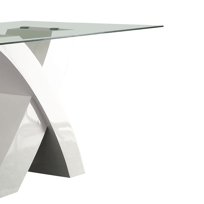 Glass Top Dining Table With X Shape Wooden Base, White and Clear
