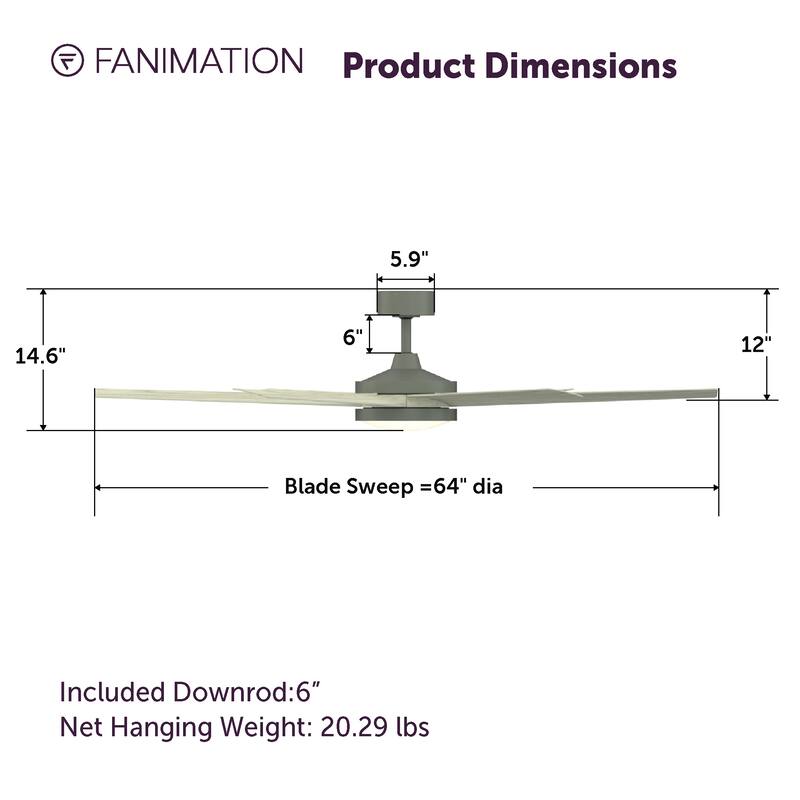 Fanimation Brawn 64 inch Indoor/Outdoor Smart Ceiling Fan with LED CCT Select Light Kit and Remote - Antique Graphite