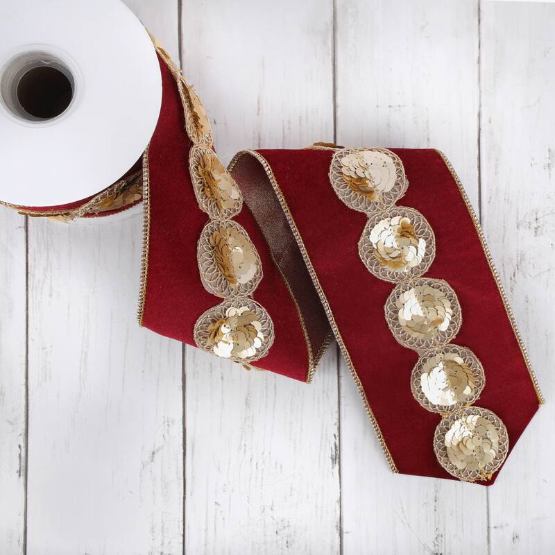 HGTV Home Collection Sequin Trim Velour Velvet Ribbon, Burgundy, 4 in - 4 in
