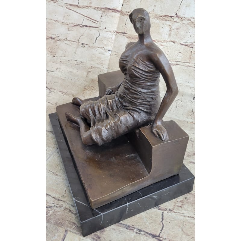 Woman On Bench By Henry Moore Abstract Modern Art Bronze Statue Sculpture Marble Base 9 Inches X 8 Inches