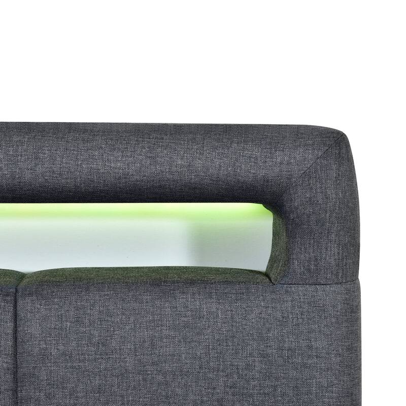 Linen Upholstered Platform Bed Frame with LED Light Headboard & 2 Drawers
