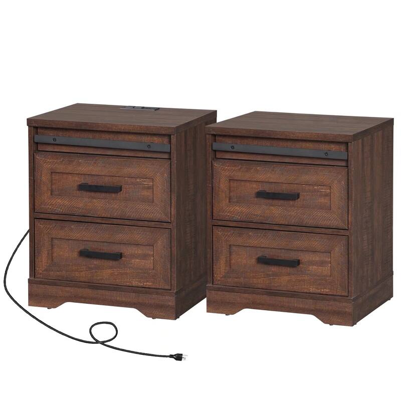WAMPAT 2 Pack End Table with Charging Station Side Sofa Table - Brown