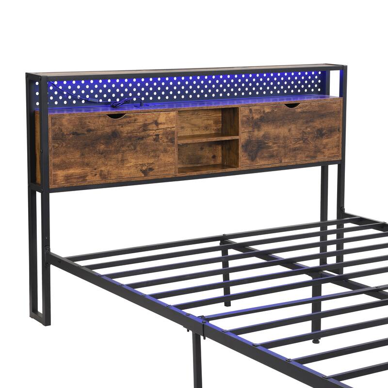 Queen Size Metal Platform Bed with Wooden Headboard, USB Charging, Storage Drawers, LED Lights, Easy Assembly