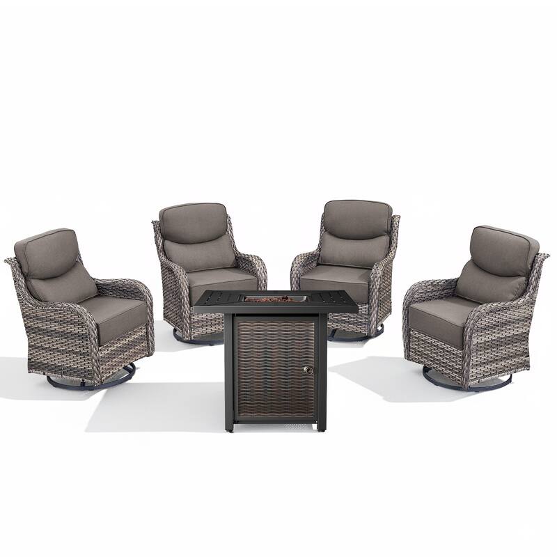 Arcadia 5-Piece Wicker Patio Set with 4 Swivel Glider Chairs and Square All-Iron Fire Pit