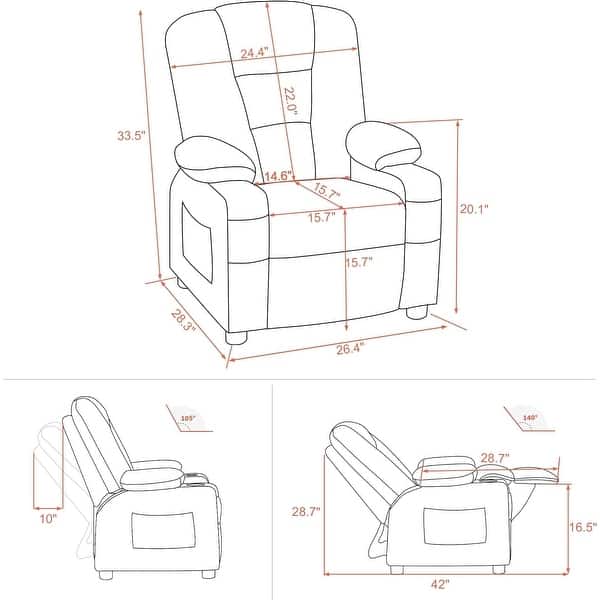 dimension image slide 1 of 4, MCombo Big Kids Recliner Chair for Toddler Boys and Girls Faux Leather - 28.3"(L)x26.4"(W)x34.2"(H)