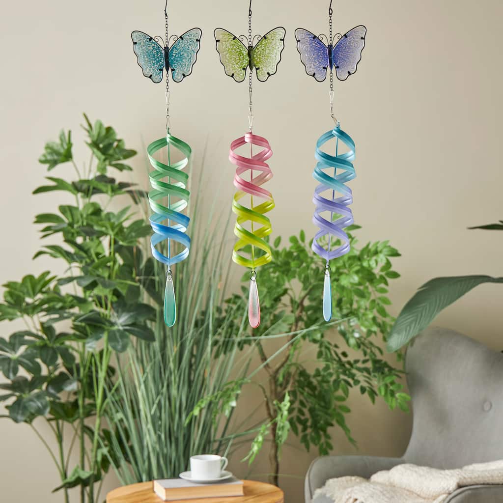 Multi Colored Metal Swirl Wind Spinner Butterfly Windchime with Dangling Charms (Set of 2 or 3)