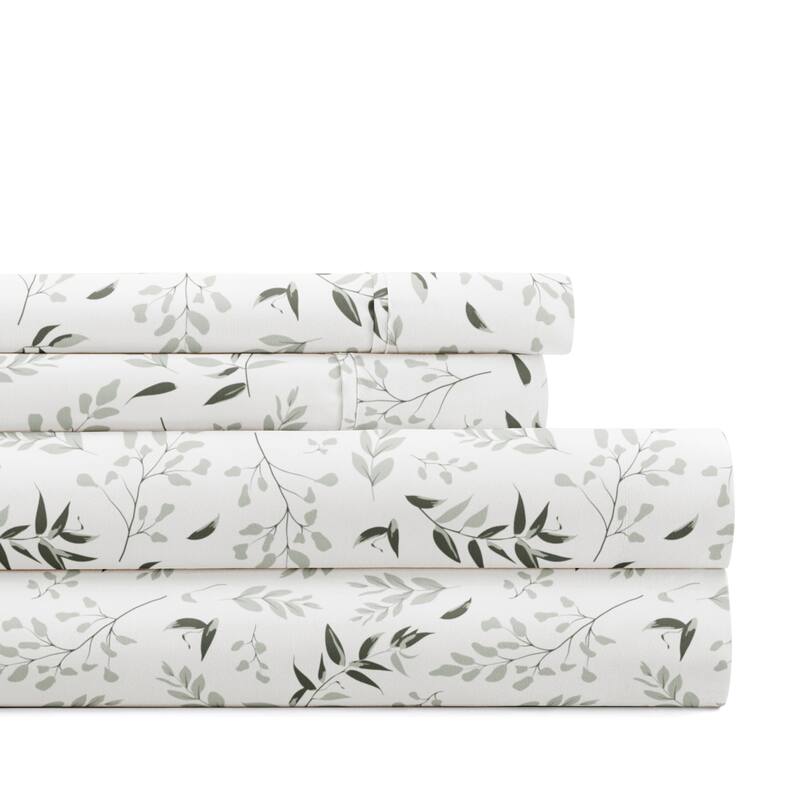 Delicate Blossoms Patterned Ultra-Soft Bed Sheet Sets - Tossed Foliage Eucalyptus - California King
