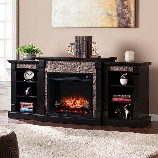 Electric Fireplaces With Bookshelves
 - Copper Grove Hay River Black Electric Fireplace With Bookcases On Sale Overstock 20881965 Brick Accent Firefox