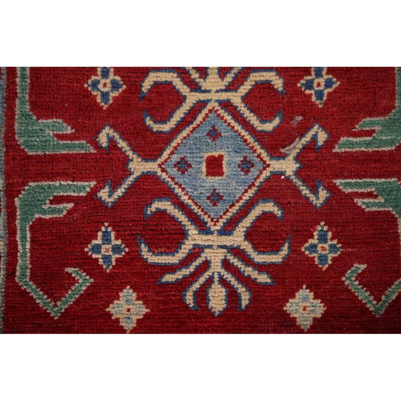 Geometric Red Kazak Oriental Runner Rug Handmade Wool Carpet - 2'6" x 16'0"