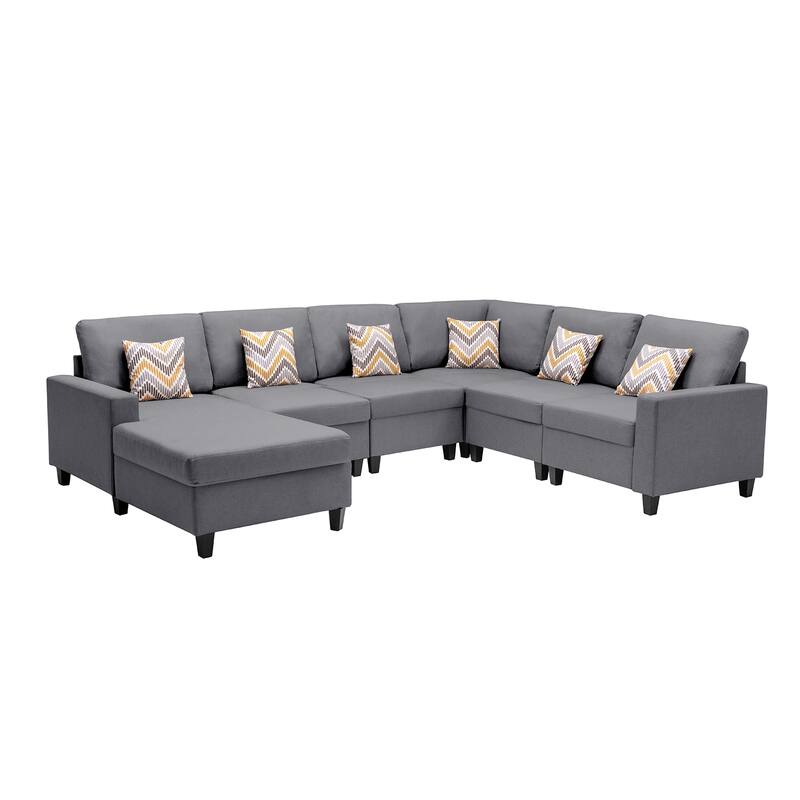 Linen Fabric 6 Piece Reversible Chaise Sectional Sofa with 6 Pillows and Interchangeable Legs
