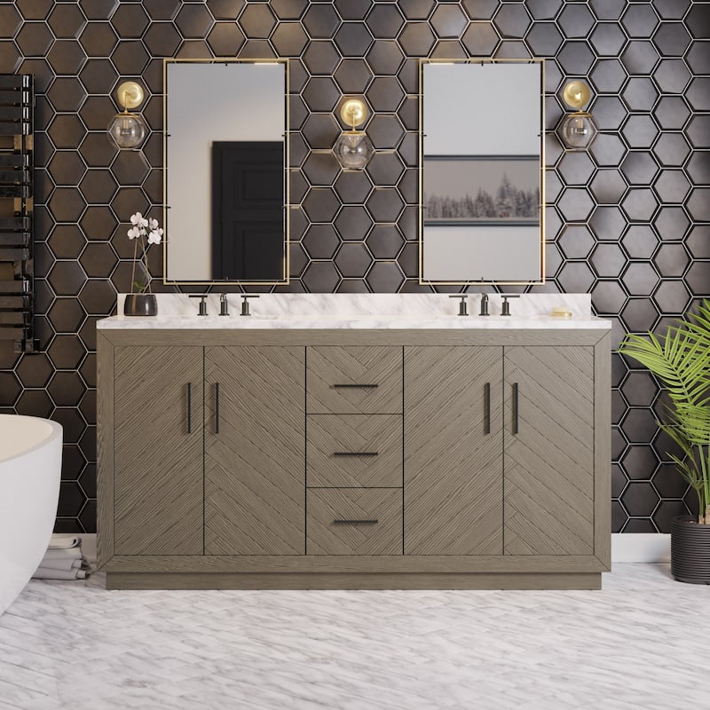 KitchenBathCollection Peyton 72" Double Bathroom Vanity with Carrara Marble Top - Gray Oak
