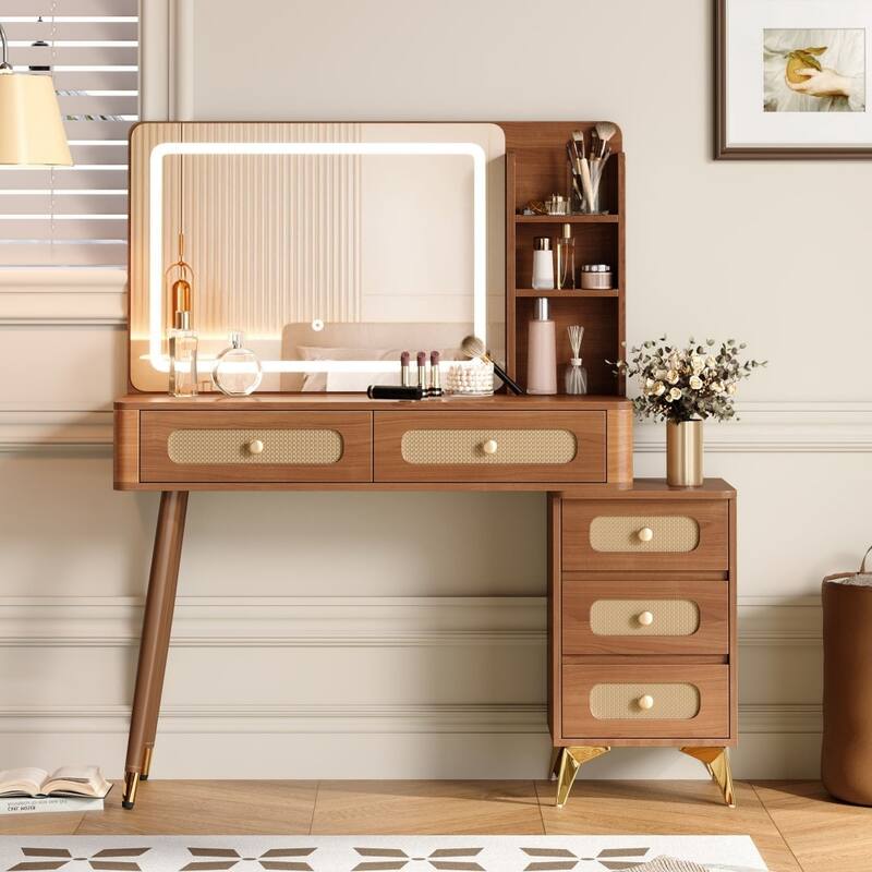 47.24" Rustic Makeup Vanity Desk with Mirror and Adjustable Lights, Rattan Drawers - Walnut