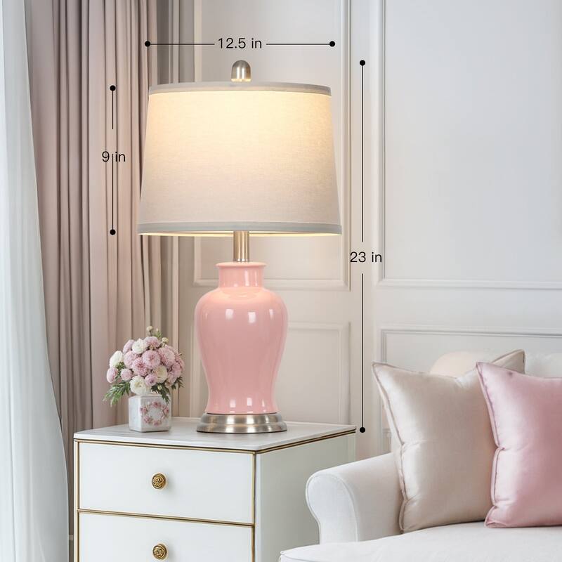 23-Inch Ceramic Ginger Jar Table Lamp with White Fabric Shade and LED Bulb