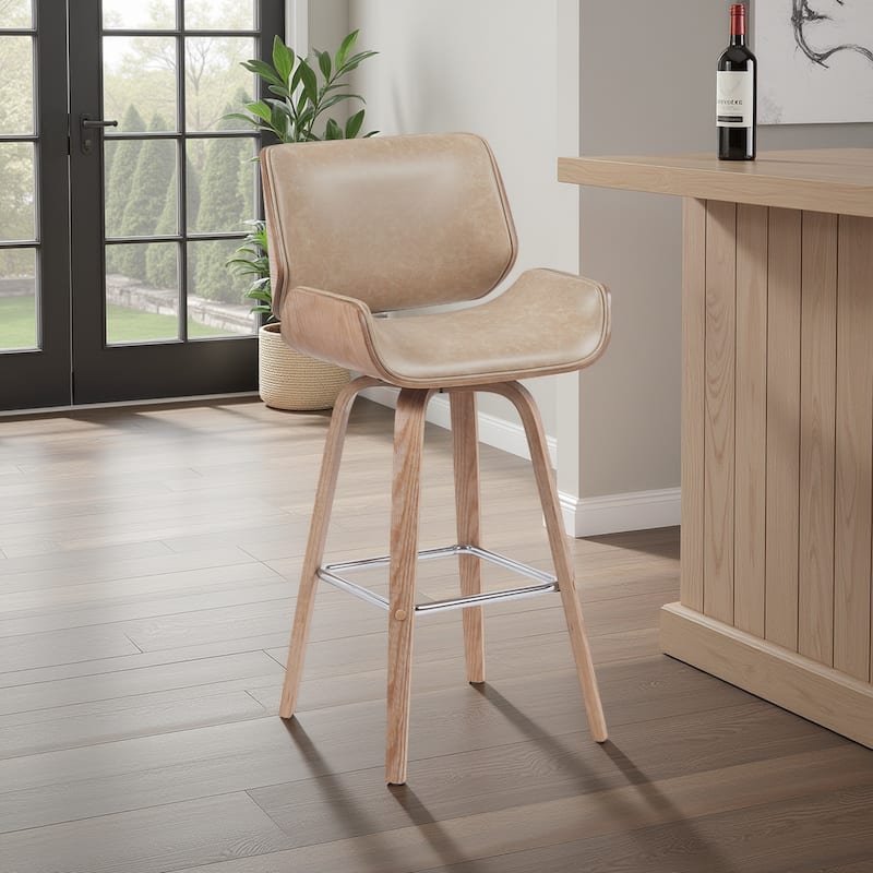 Tyler Mid-Century Swivel Bar Stool, Upholstered Counter Height Chair with Bentwood Legs - Vintage Brown & White Wash - Bar Height