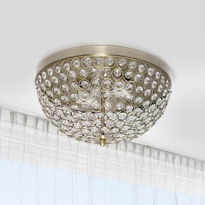 Dome Crystal 2 Light Flush Mount Ceiling Light Fixture - 13" - Antique Brass