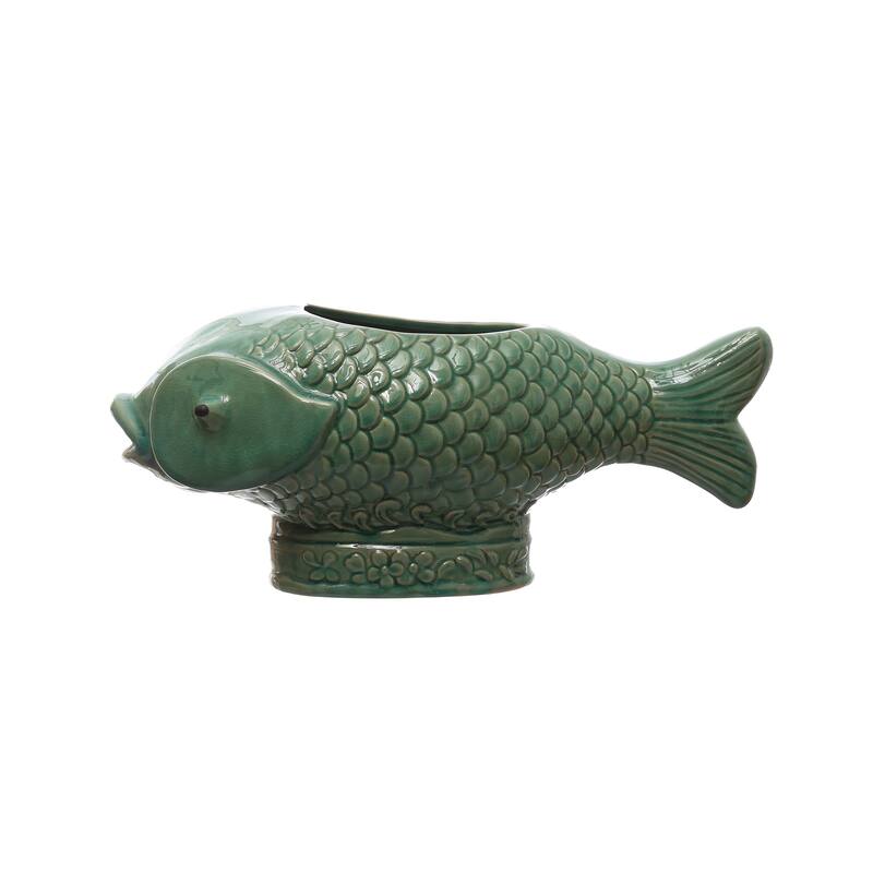 Debossed Stoneware Fish Planter with Reactive Glaze - 17.1"L x 7.4"W x 7.5"H - 17.1"L x 7.4"W x 7.5"H - Turquoise
