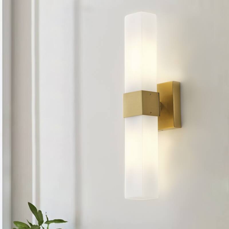 Aiwen Modern 1-Light LED Wall Sconce Electroplated Brass Finish with White Jade Acid-Washed Glass Shade