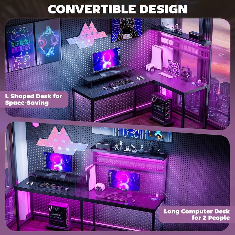 HOMCOM Gaming Desk, 62" L Shaped Desk with Power Outlets & LED Lights, 86" 2 Person Computer Table with Shelf