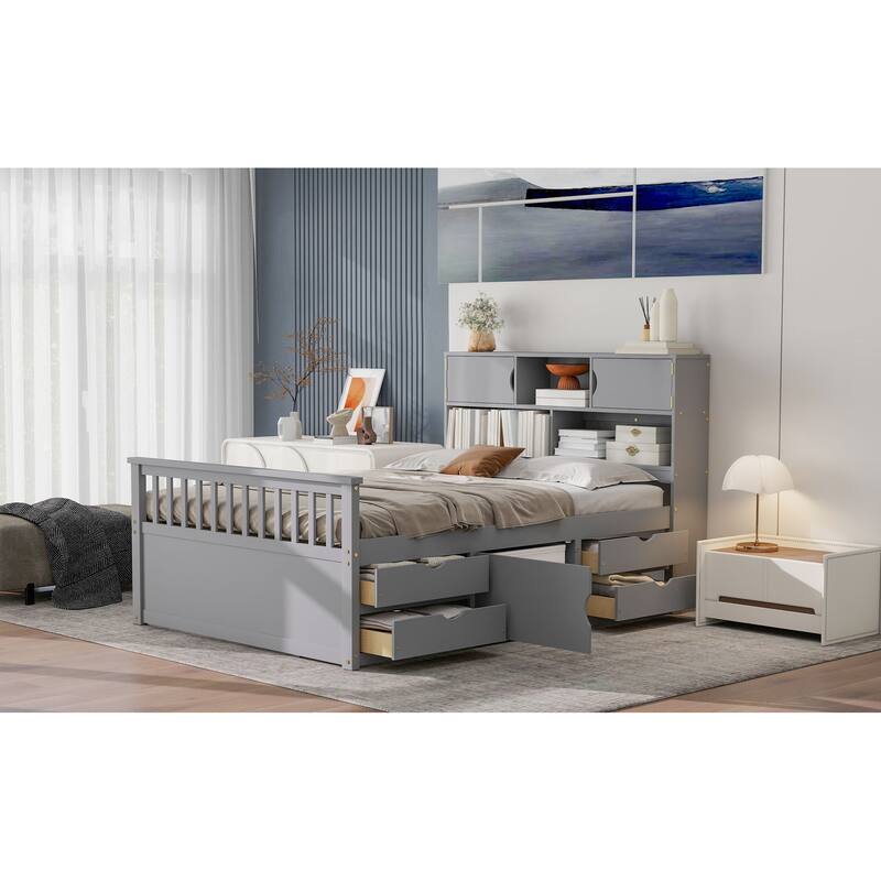 Full Size Captain Platform Bed Frame with Storage Bookcases Shelves and Four Drawers
