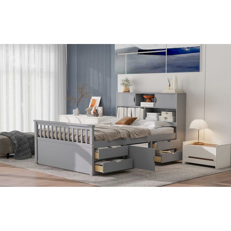 Gray Full Size Platform Bed Frame with Bookcase Headboard and 4 Drawers for Storage Easy Assembly
