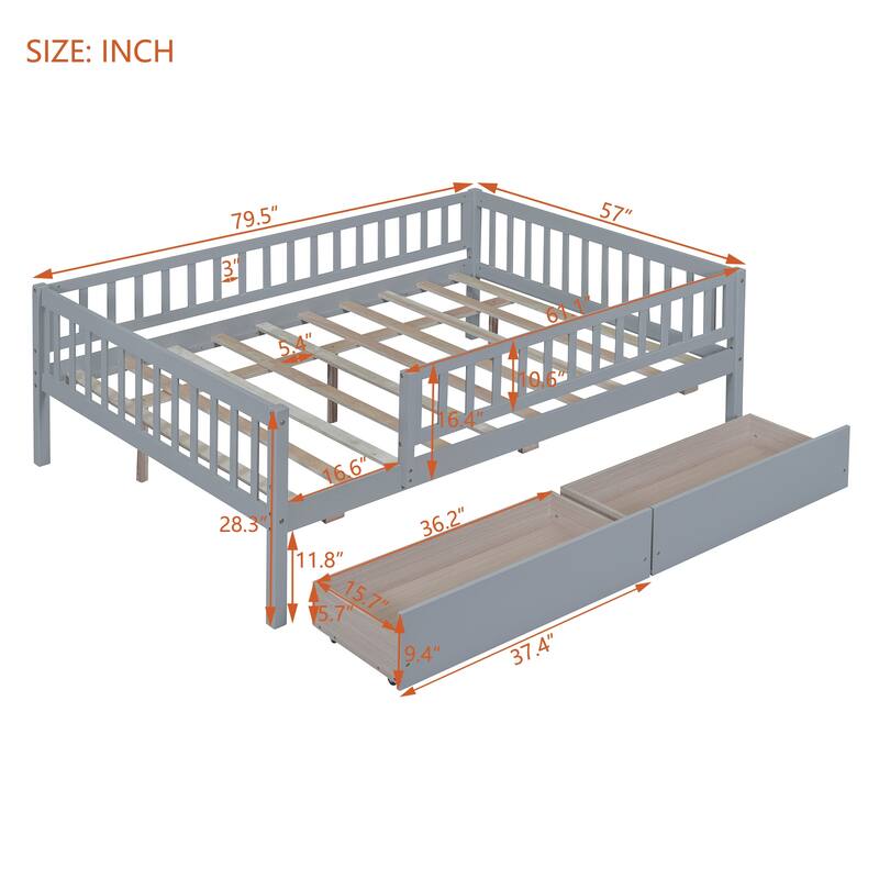 Full Size Daybed with Two Drawers, Gray, Space-Saving, Multi-Functional