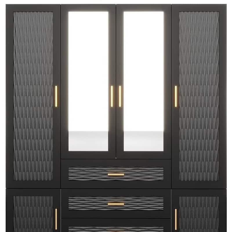 HomeRoots 71" Black Gray And Gold Carved Geometric Mirrored Six Door Three Drawer Combo Dresser