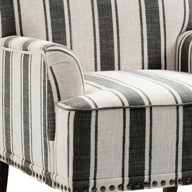 Set 2 Striped Upholstered Linen Armchair with Brass Nailhead Trim