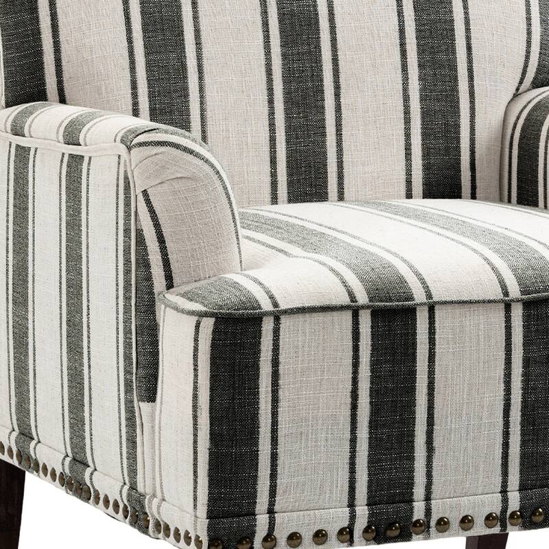 Striped Upholstered Linen Armchair with Brass Nailhead Trim