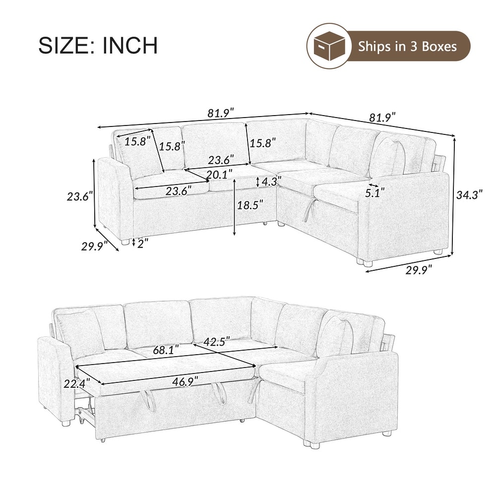 L-Shaped Sectional Sofa Bed, Chenille Upholstered Sleeper Sofa with Hidden Storage Compartment, 4 Seater Corner Sectional Sofa