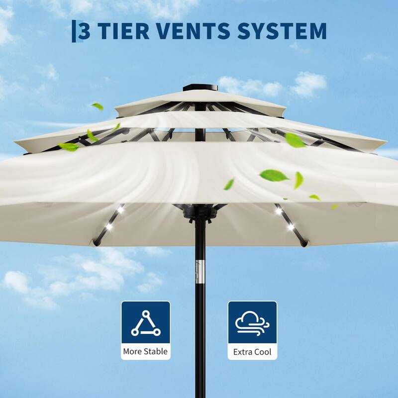 3-Tier Solar Patio Umbrella, with LED Lights and Vents