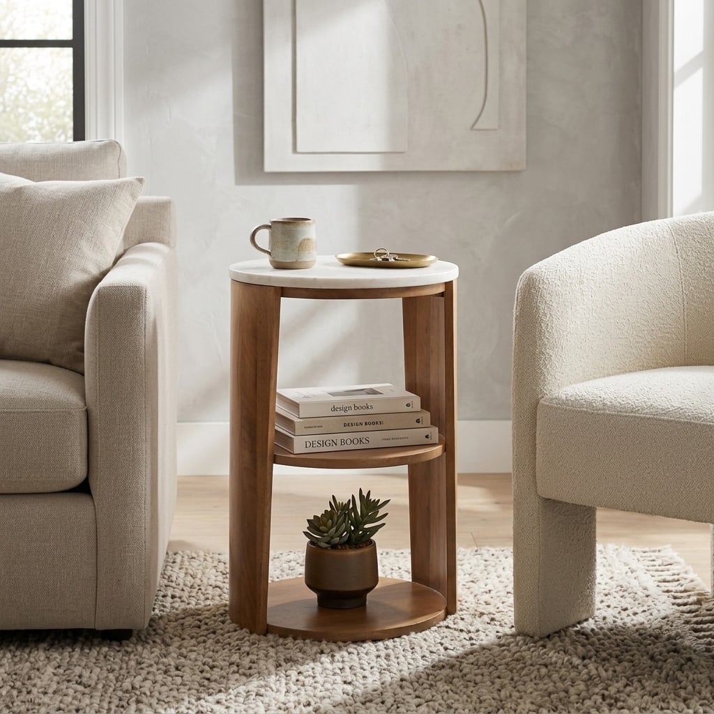 Round Stone Top Side Table with Two Tier Wooden Storage - 23", Brown - 22.25"
