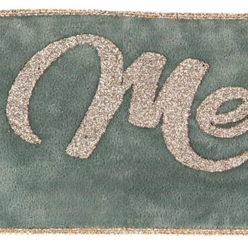 HomeRoots 4" Green And Gold Glittered Merry Christmas Wired Ribbon
