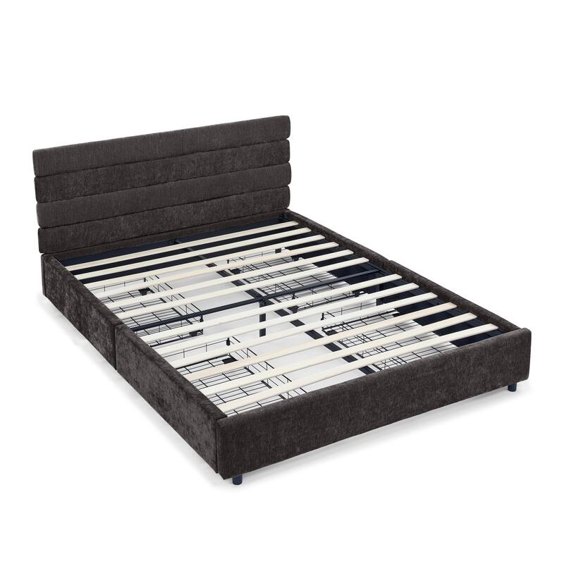 Roomfitters Queen Upholstered Bed Frame with Cushioned Headboard and 4 Storage Drawers, Chenille Fabric Platform Bed