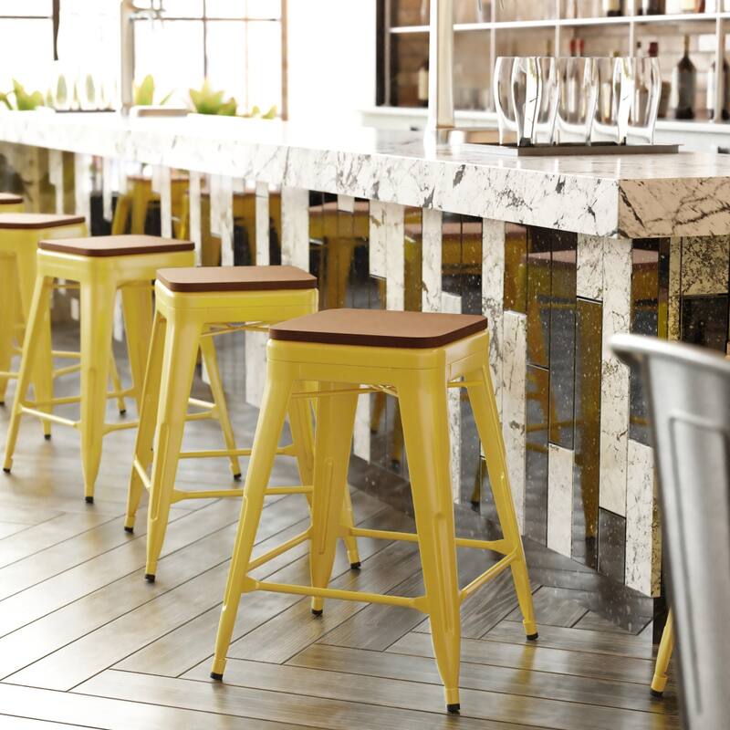 Indoor/Outdoor Backless Counter Stool with Poly Resin Seat - Yellow/Teak