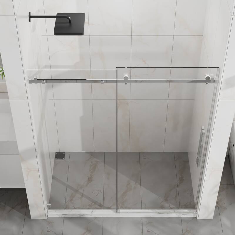 60" W x 72" H Sliding Shower Door, Frameless Sleek Glass Shower Door, 1/4" (6mm) Thick Tempered Clear Glass