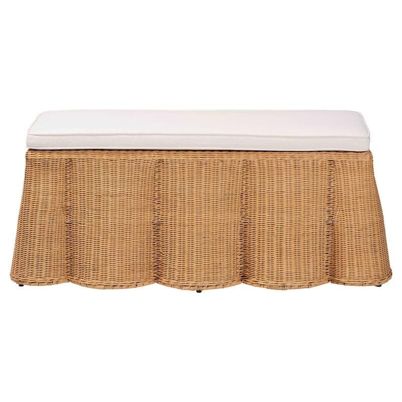 Palm Scallop Natural Rattan Ottoman with Cushion - Handwoven Wicker Bench for Living Room or Bedroom, Coastal Boho, Rectangle