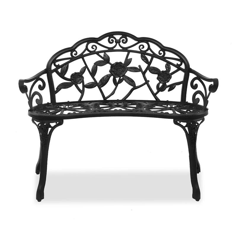 Outdoor Cast Aluminum Patio Bench with Curved Legs Rose Pattern