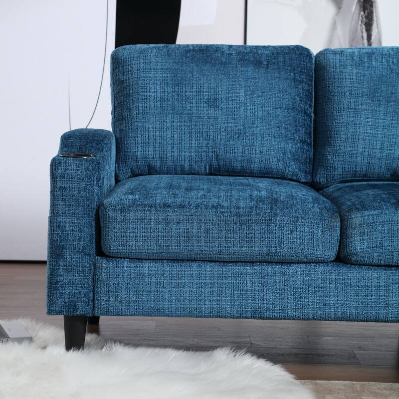 Modular Sectional Sofa with Storage Ottoman, Comfy Chenille Fabric Sofa, 3-Seater Sofa with Side Pockets & 2 Cup Holders