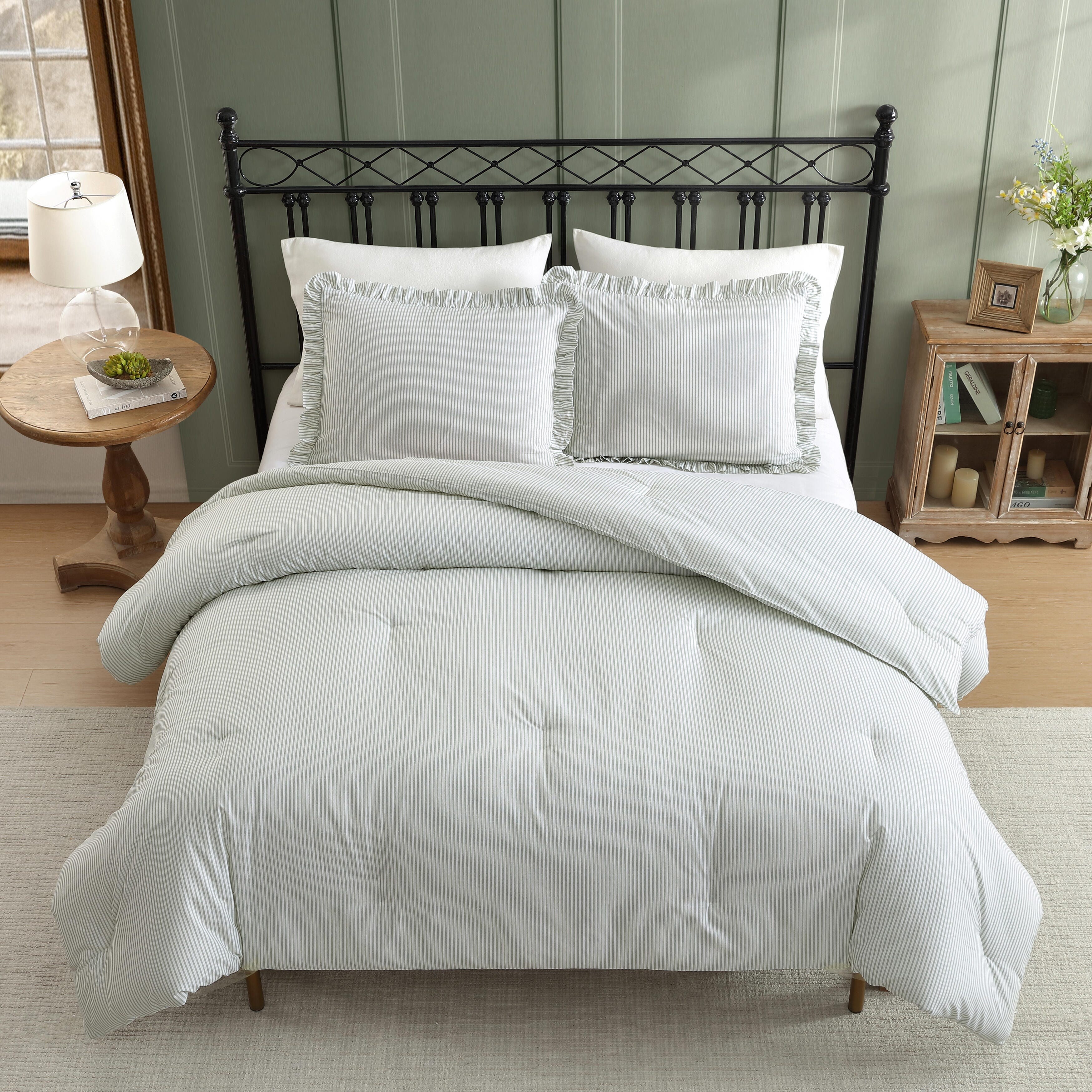 Laura Ashley Oxford Stripe Cotton All Season Comforter Set Soft