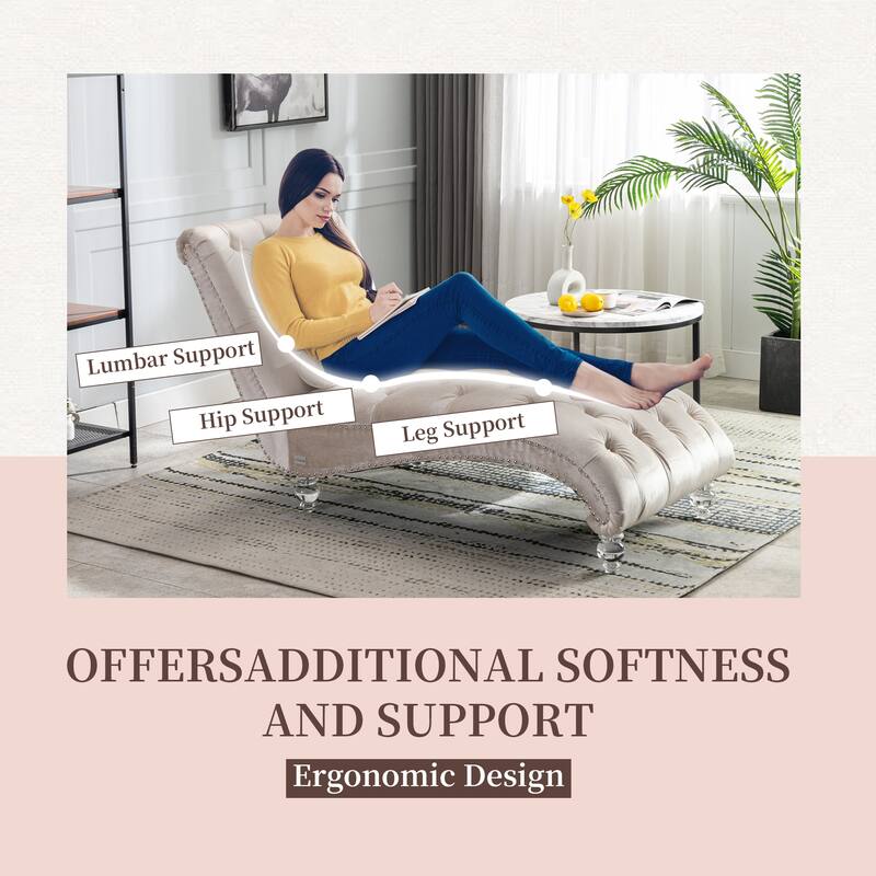 Velvet Tufted Chaise Lounge Chair Ergonomic S Shape Recliner with Pillow, Nailhead Trim and Acrylic Legs for Indoor Use