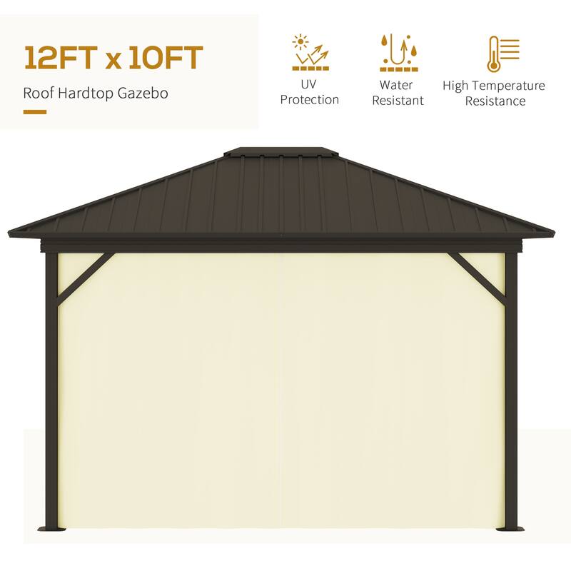 Outsunny 10' x 12' Outdoor Hardtop Gazebo Metal Roof Patio Gazebo with Aluminum Frame, Mesh Netting, Curtains, Brown