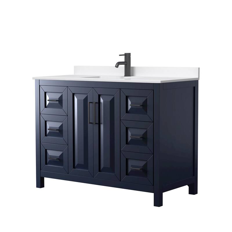Daria 48-inch Single Vanity, Single Hole Quartz Top - Dark Blue, Black Trim, White Quartz Top