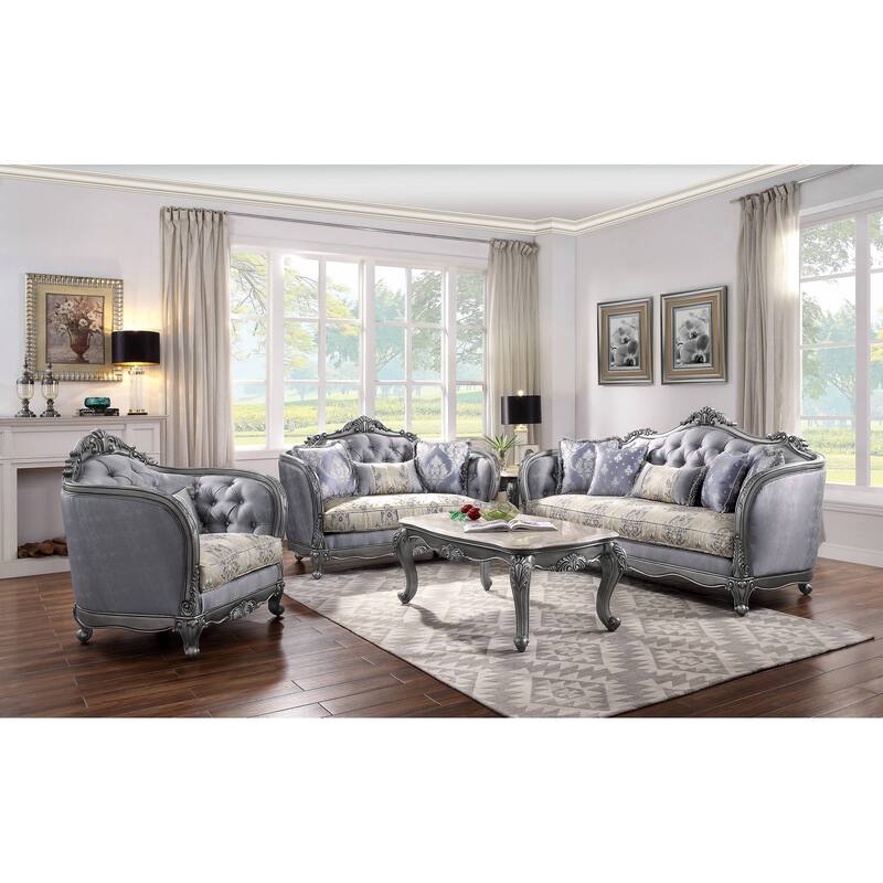 Gweniviere Light Blue and Platinum Sofa with Button Tufted