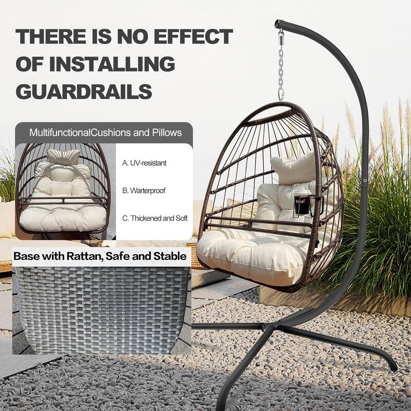 Swing Egg Chair with Cushion and Pillow, Indoor Outdoor Wicker Rattan Patio Basket Hanging Chair with Metal Stand