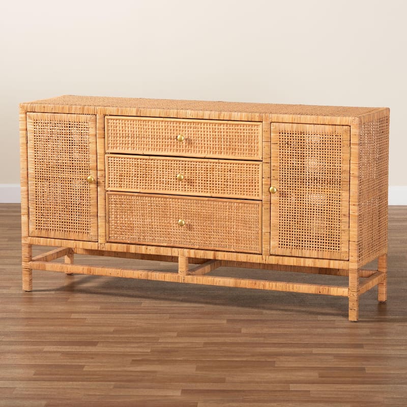 Vivan Bohemian Honey Rattan and Mahogany Wood 3-Drawer Storage Cabinet