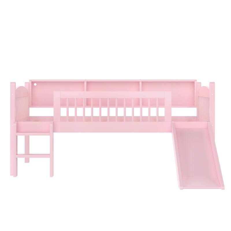 Twin XL Loft Bed with Storage Shelves, LED Lights & Guardrails