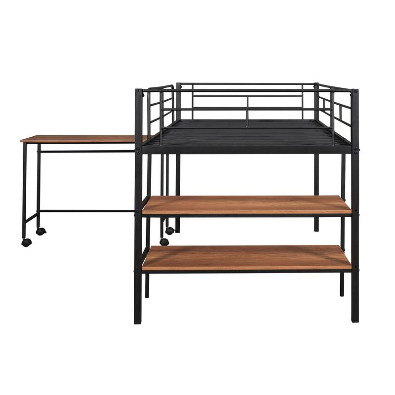 Twin Size Metal Loft Bed with Desk and Shelves in Black